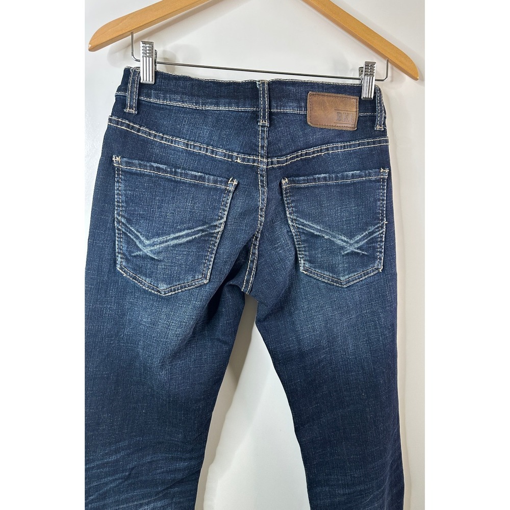 BKE Aiden Jeans Mens 28 Dark Wash Blue Boot Leg Bootcut Denim Stretch Whiskering - Picture 10 of 12
